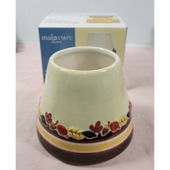 Harvest Ceramic Candle Shade 4.5" White Brown Yellow Fall Decor Hand Painted - Picture 6 of 7